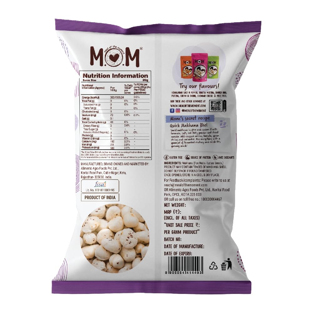 MOM - Meal of the Moment, Roasted Premium Raw Makhana, 100g | Gluten Free | Anti Oxidants | MSG Free | Zero Trans Fat | No added Preservatives and No artificial Flavours