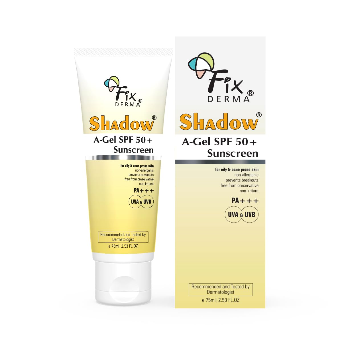 Fixderma Shadow A-Gel SPF 50+ Sunscreen PA+++ | For Oily & Acne-Prone Skin | Lightweight | Non-Greasy | No White Cast | Broad Spectrum For UVA & UVB Protection | For Men & Women | 75gm
