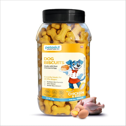 Petoska Chicken & Egg Dog Biscuits | 500g Jar | Made with Real Chicken & Egg | Crunchy Treats for Small, Medium & Large Dogs | 300 kcal/100g | Complementary Dog Food
