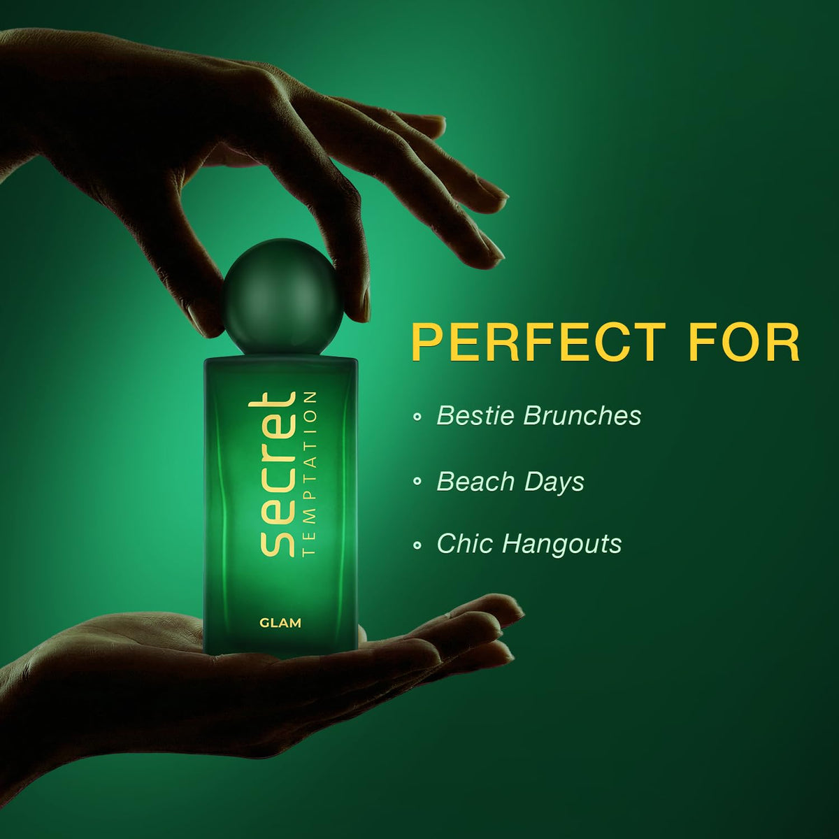 Perfume bottle labeled 'Secret Temptation' held by a hand with promotional text on a green background