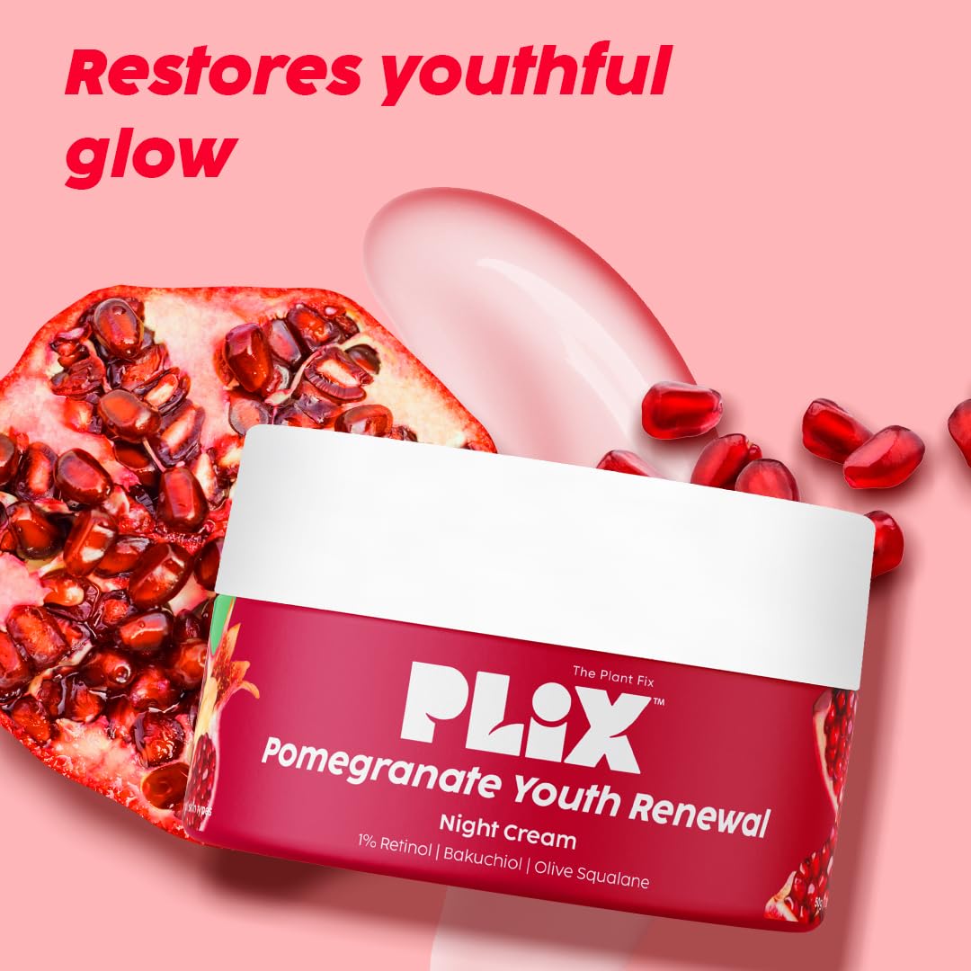 PLIX - THE PLANT FIX Pomegranate 1% Retinol & 1% Bakuchi Oil Anti Ageing Night Cream | Reduces Fine Line & Wrinkles | For Men & Women | 50 G