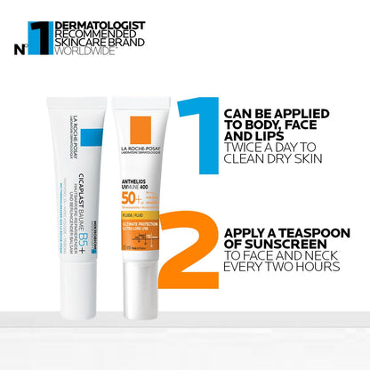 Two sunscreen products with application instructions on a white background