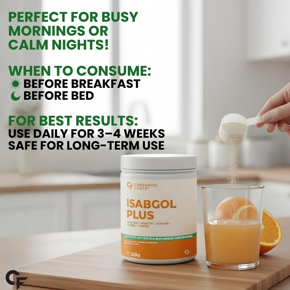 Isabgol Plus container with a glass of orange juice on a kitchen counter, text about usage instructions.