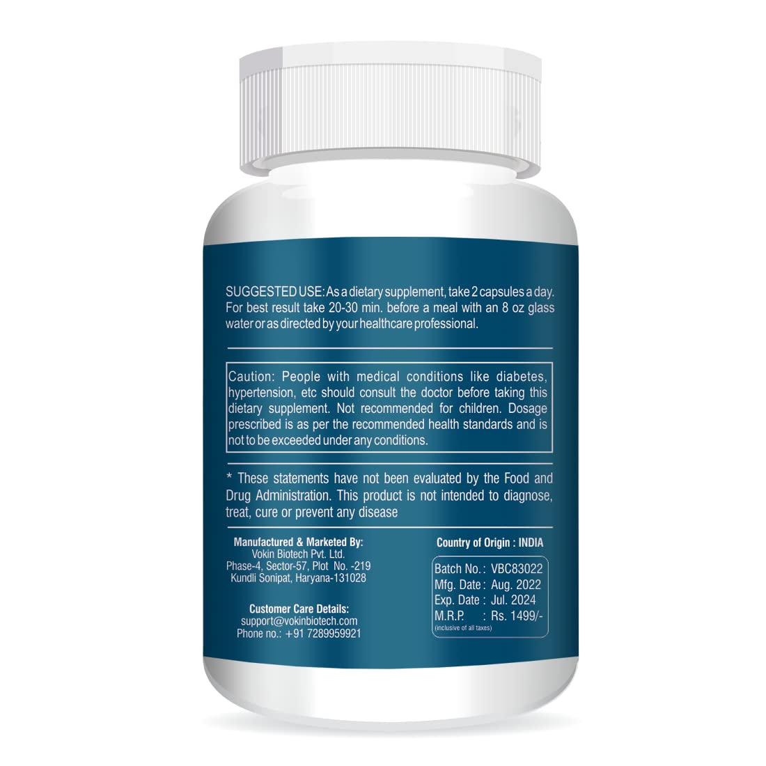 Supplement bottle with blue label on a white background