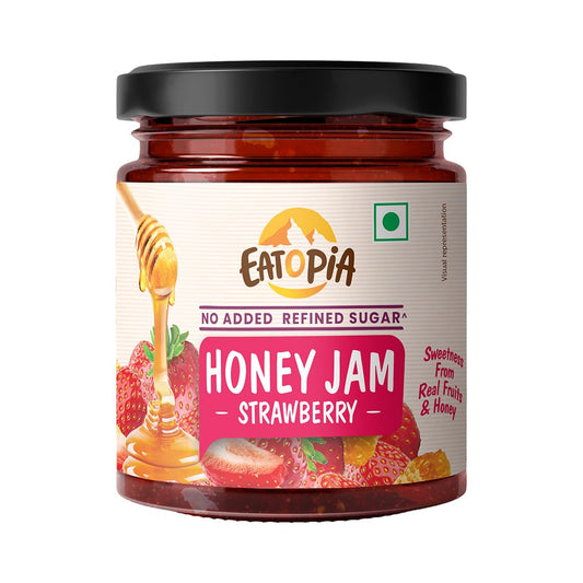 Eatopia Sugar Free Strawberry Honey Jam | 100% Pure & Natural | Healthy Jam for Kids & Adults | No Added Flavours & Preservatives | 70% Real Strawberries | Sweetness from Real Fruits & Honey | Pack of 1 | 240g