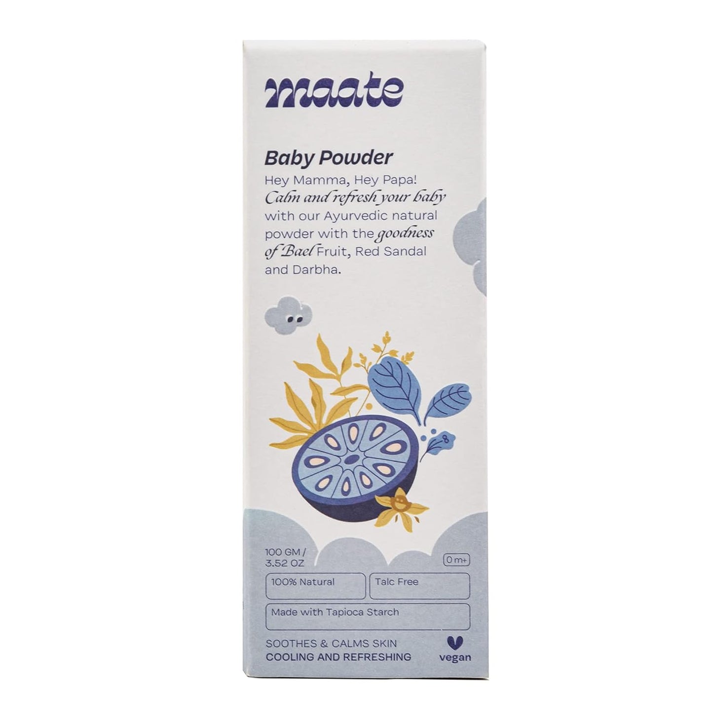 Maate Talc Free Natural & Ayurvedic Baby Powder | Soothes and Keeps Your Baby's Skin Calm | Enriched with Bael Fruit, Red Sandal and Darbha | 100% Natural, Non-Irritant and Safe (100 gm)