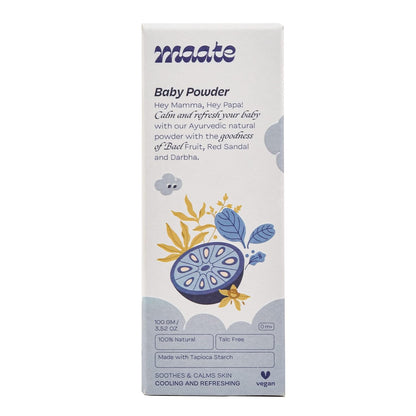 Maate Talc Free Natural & Ayurvedic Baby Powder | Soothes and Keeps Your Baby's Skin Calm | Enriched with Bael Fruit, Red Sandal and Darbha | 100% Natural, Non-Irritant and Safe (100 gm)