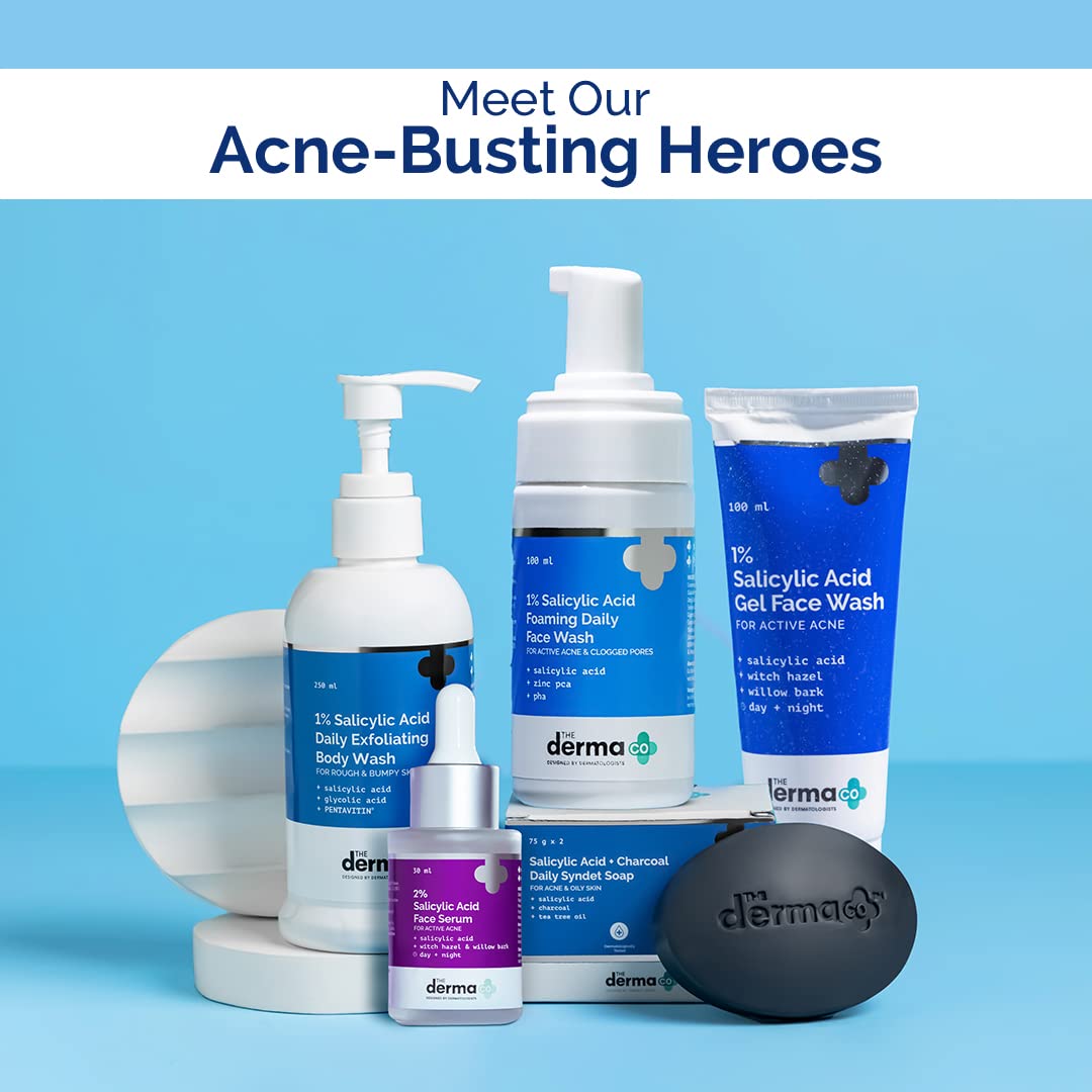 Collection of derma+ skincare products on a blue background with text 'Meet Our Acne-Busting Heroes'.