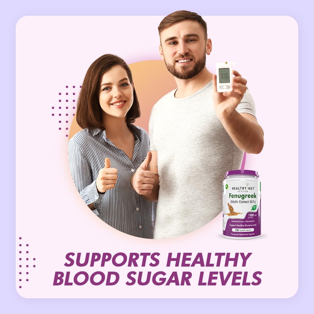 Man and woman giving thumbs up with a blood sugar monitor and supplement bottle on a light purple background