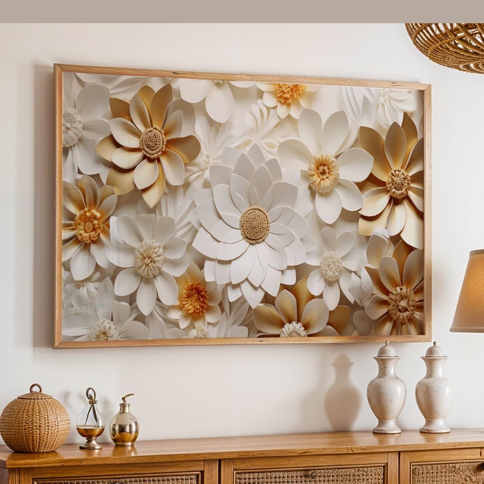 Floral Wall Painting with Frame Set of 1 | Premium White & Gold Flower Artwork, Luxury Textured Botanical Wall Decor for Living Room Bedroom Office Home Decoration (Art-10,13x19inch)