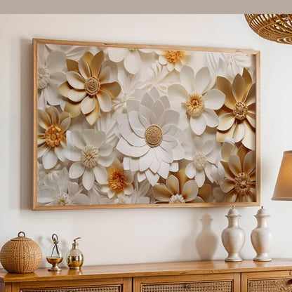 Floral Wall Painting with Frame Set of 1 | Premium White & Gold Flower Artwork, Luxury Textured Botanical Wall Decor for Living Room Bedroom Office Home Decoration (Art-10,13x19inch)
