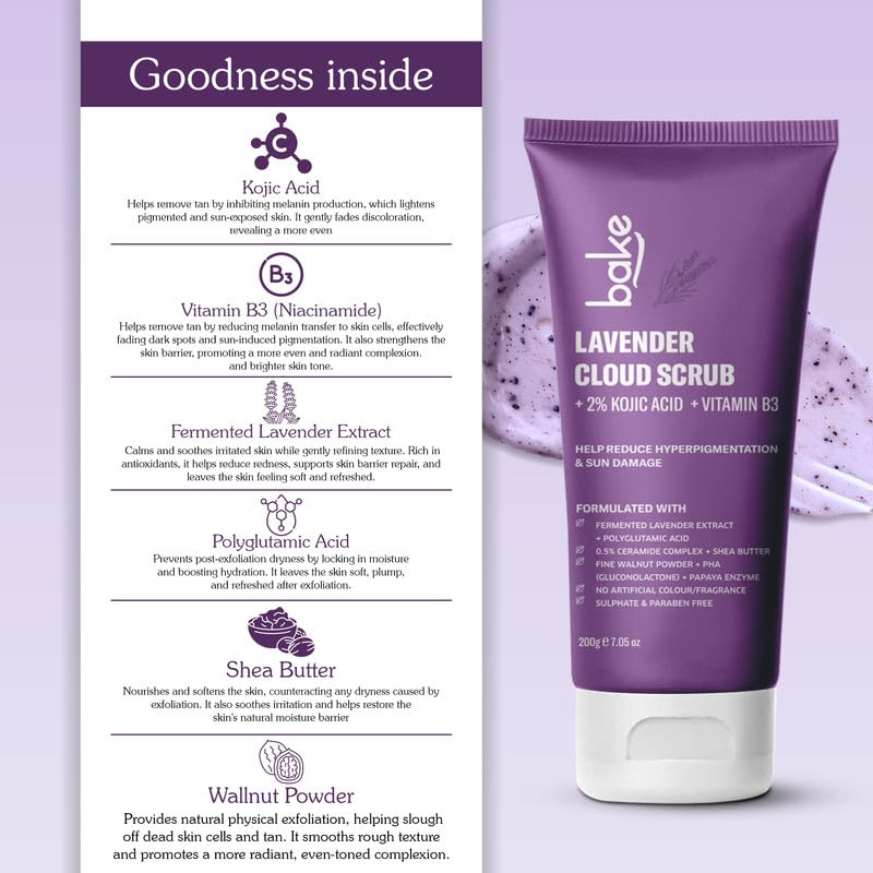 BAKE 2% Kojic Acid Lavender Body Scrub (200g) For Brightening, Tan Removal, Dark Spots & Pigmentation | Niacinamide & Ceramide Complex | Exfoliates & Brightens Underarms | Face Scrub with Walnut Granules | For Women & Men