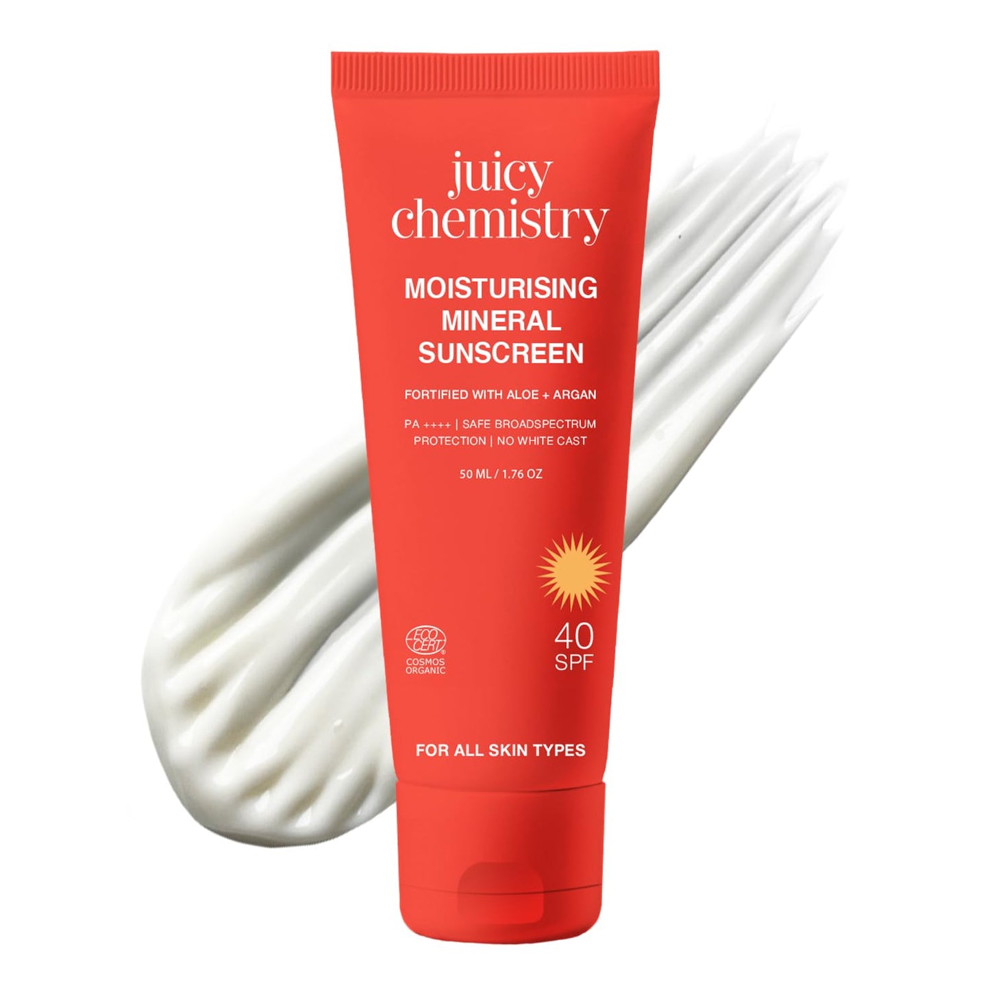 Juicy Chemistry Moisturising Mineral Sunscreen SPF 40 PA+++ with Aloe Vera & Argan Oil, 50g | Lightweight, Non-Greasy, Broad Spectrum Protection | Kids & Pregnancy Safe | No White Cast