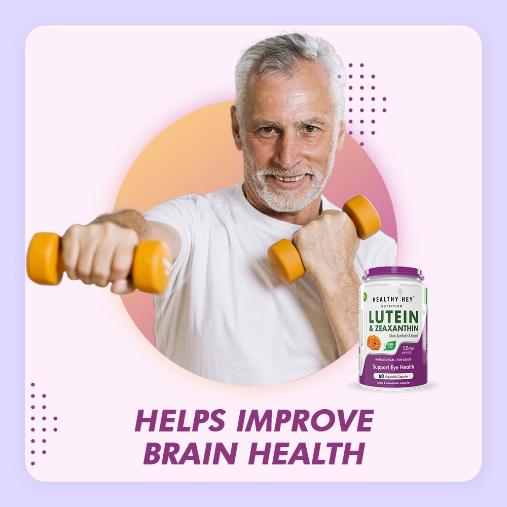 Man lifting dumbbells with a supplement bottle labeled 'Healthy Eye' on a light purple background