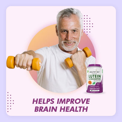Man lifting dumbbells with a supplement bottle labeled 'Healthy Eye' on a light purple background