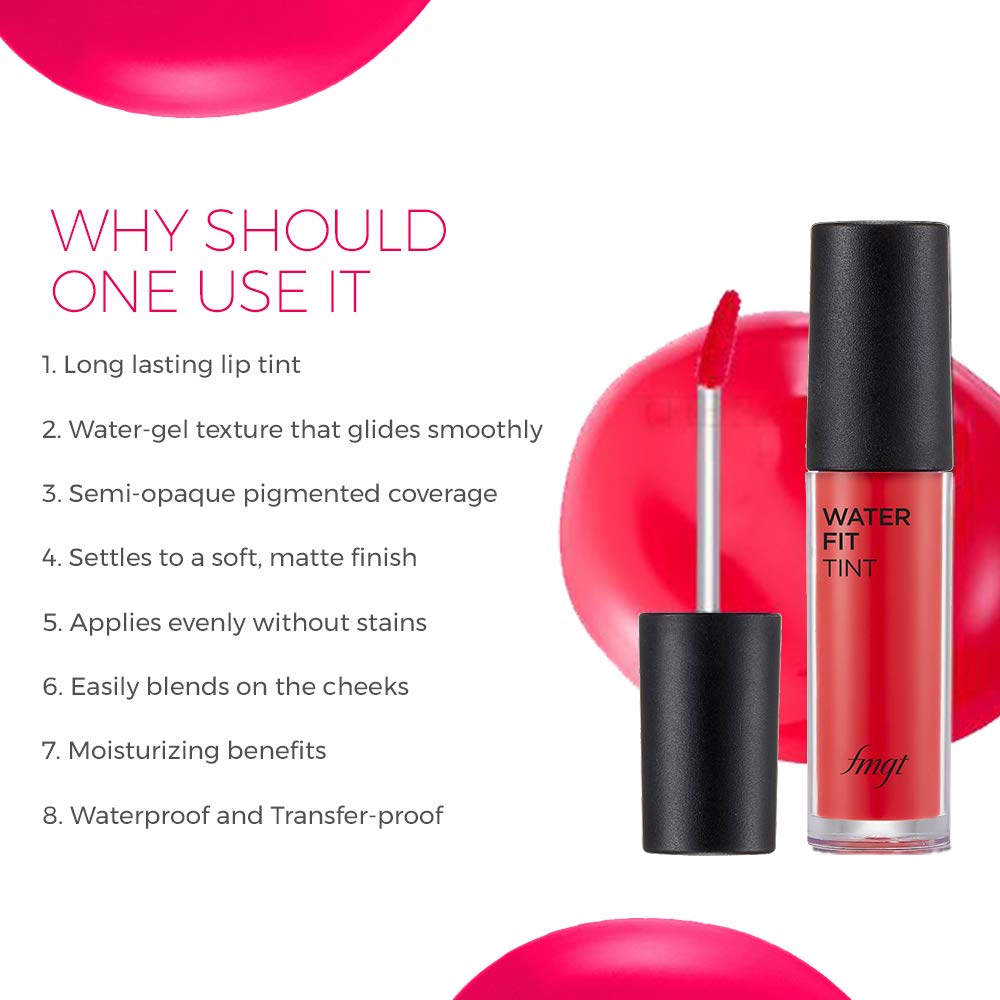 Lip tint product with features listed on a white background