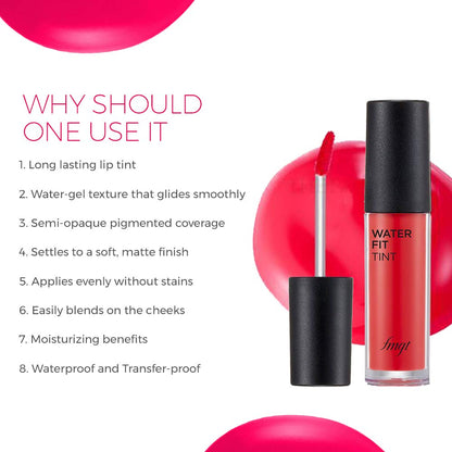Lip tint product with features listed on a white background