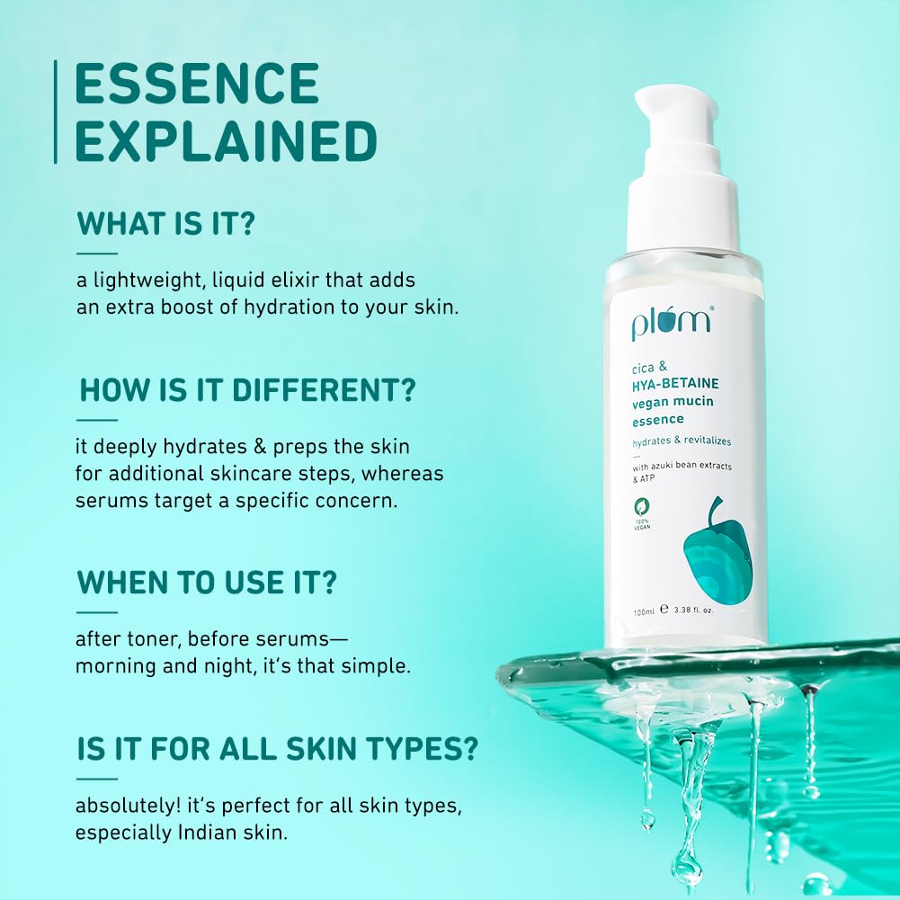 Plum Cica & HYA-BETAINE Vegan Mucin Essence | Intense Hydration, Soothing & Rejuvenation | with Azuki Bean Extracts & ATP | Light, Quick-Absorbing & Non-Sticky | All Skin Types | Women & Men | 100ml