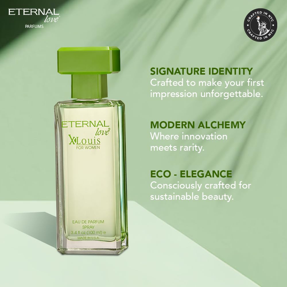 Perfume bottle with green cap and clear body on a light green background, featuring 'Eternal Love' branding.