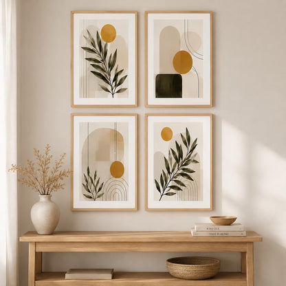 Set of 4 Minimalist Botanical Geometric Wall Paintings with Sparkle Laminate and Premium Wooden Synthetic Frame for Living Room Bedroom Office Decor (13.5 x 19.5 Inch)