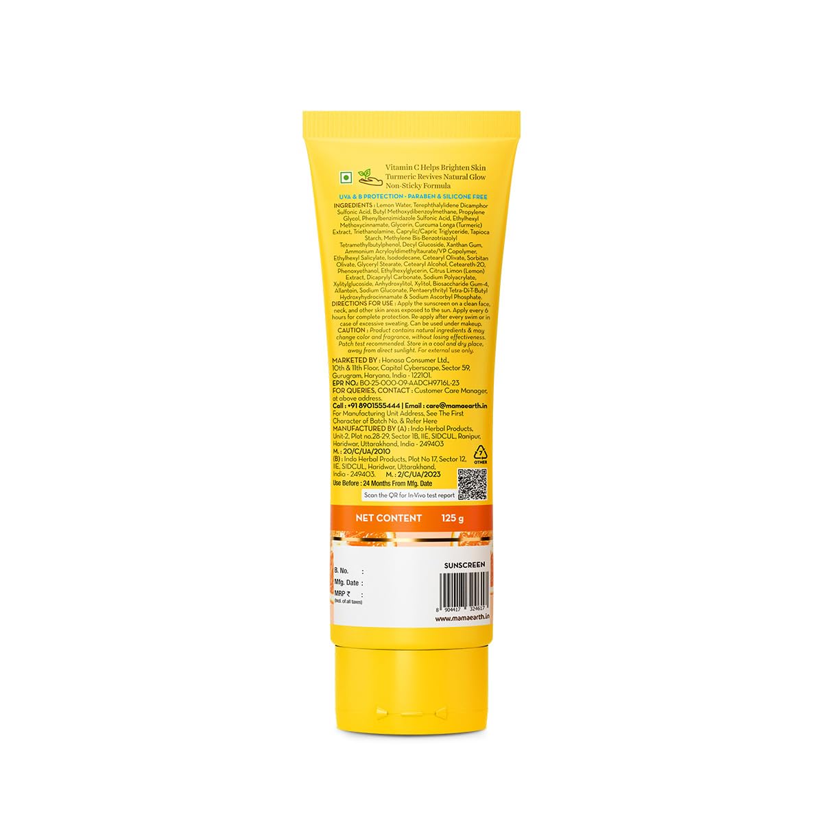 Mamaearth Vitamin C Daily Glow Sunscreen with Vitamin C & Turmeric for Toxin free Sun Protection - 125g | SPF 50 & PA++++ | Vitamin C for Glow | Turmeric Detans | In-Vivo Tested | Natural Goodness | Quick Absorbing