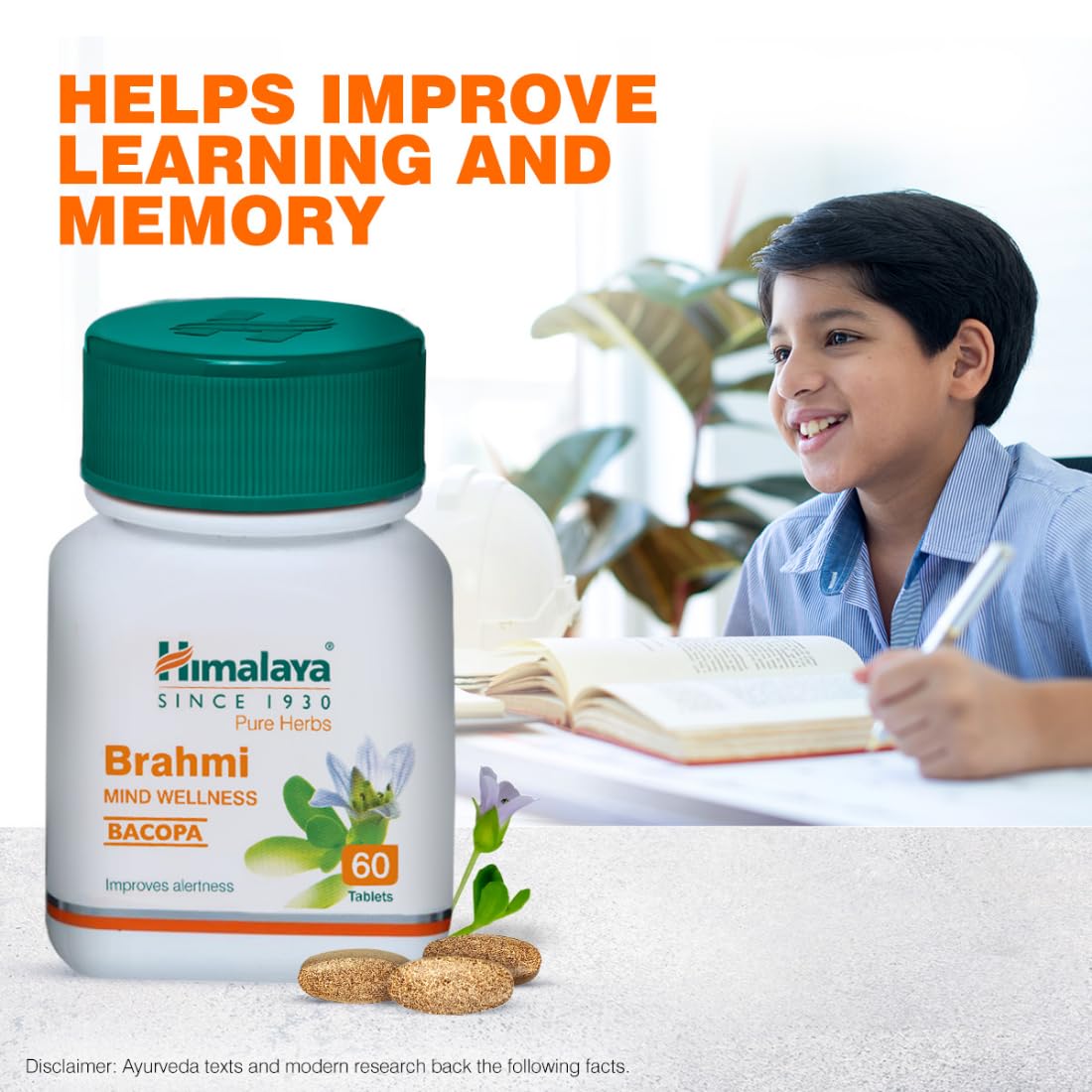 Himalaya Brahmi supplement bottle with a child studying in the background, emphasizing improved learning and memory.