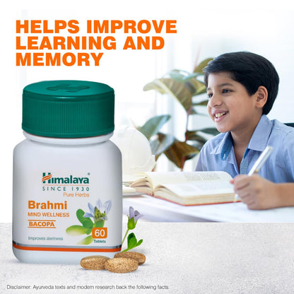 Himalaya Brahmi supplement bottle with a child studying in the background, emphasizing improved learning and memory.