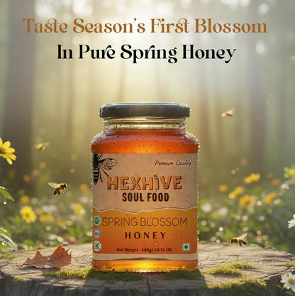 Hexhive Spring Blossom Honey | Pure Raw Honey from Spring Wildflowers | Multifloral Premium Honey | Light Texture | Immunity & Energy Booster | Rich in Antioxidants | Perfect for Tea, Milk | 500 g