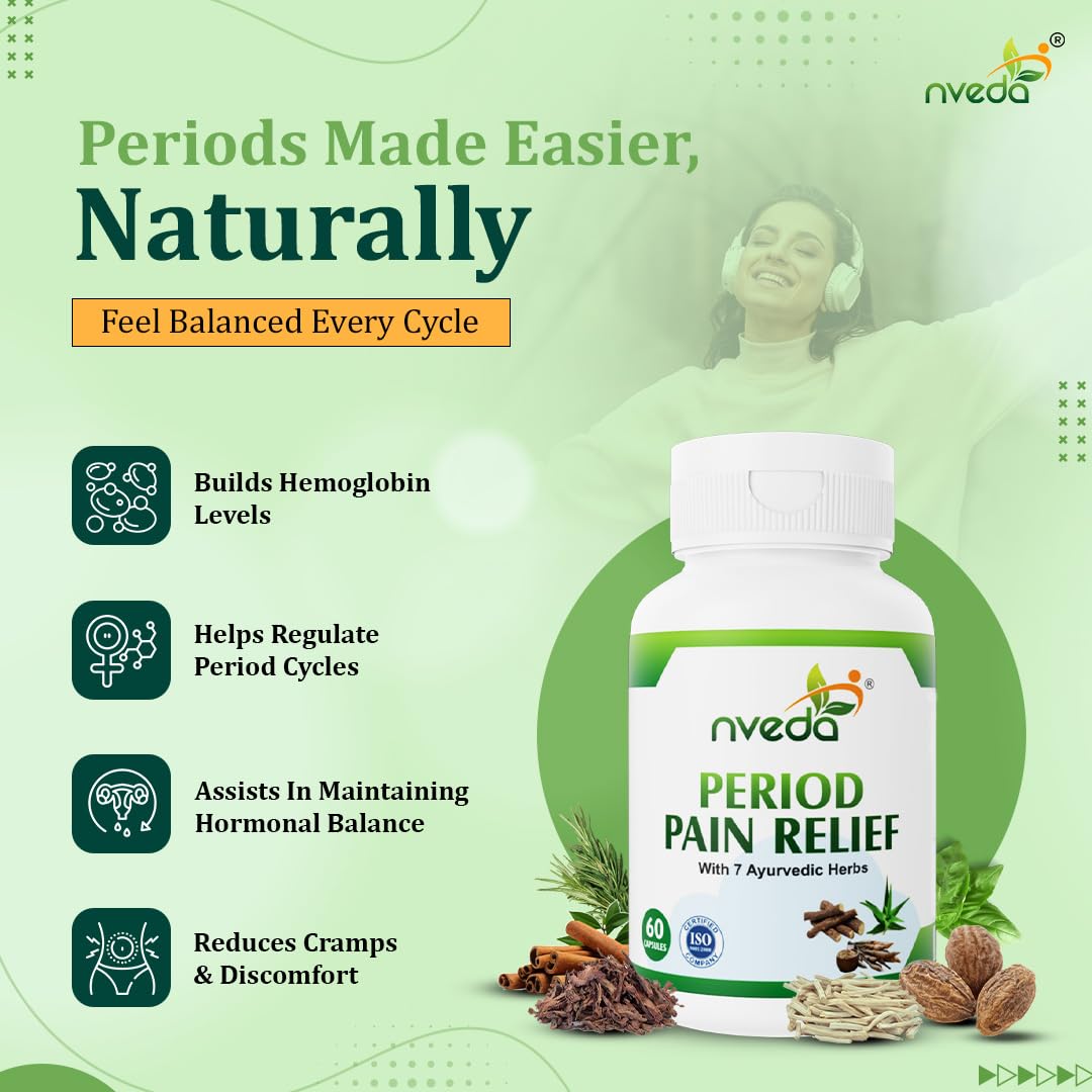 Nveda Natural Menstrual/Period Pain Relief with 7 Ayurvedic Herbs, Helps to Reduce Menstrual/Period Cramps & Pain, Relieves Stress & Anxiety, Irritability & Increases Energy for Women - 60 Capsules