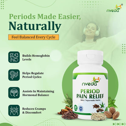 Nveda Natural Menstrual/Period Pain Relief with 7 Ayurvedic Herbs, Helps to Reduce Menstrual/Period Cramps & Pain, Relieves Stress & Anxiety, Irritability & Increases Energy for Women - 60 Capsules