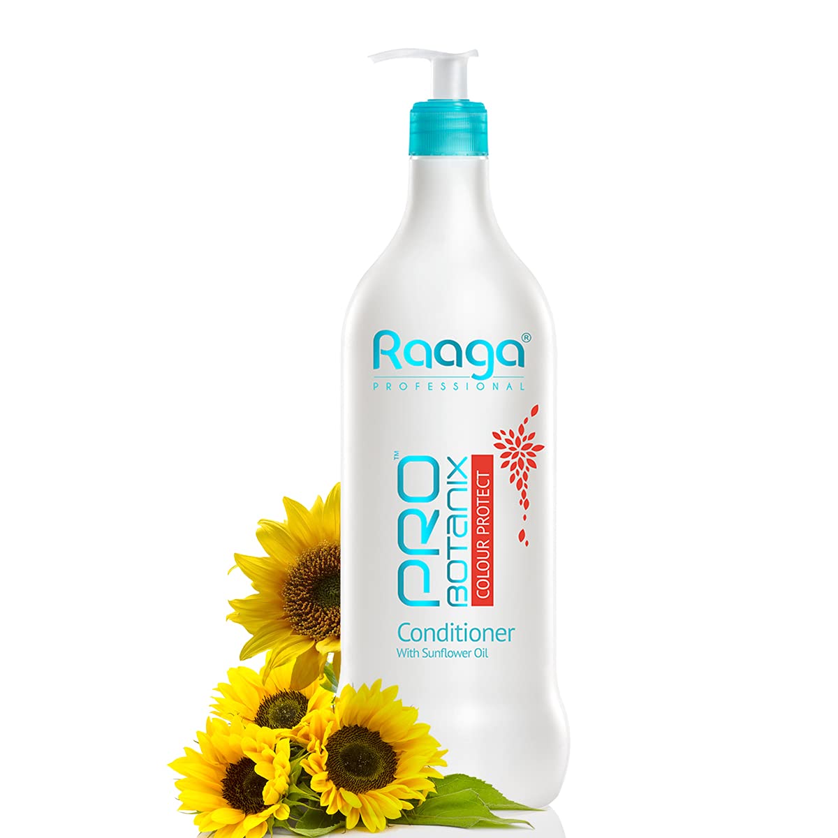 Raaga conditioner bottle with sunflowers on a white background