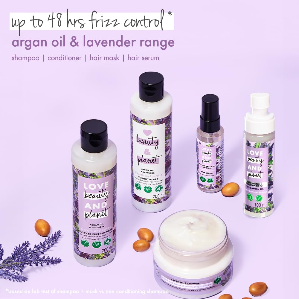 Beauty and Planet hair care products on a purple background with argan oil and lavender.