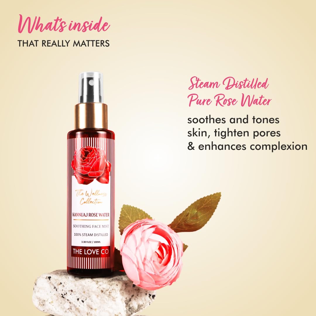 Bottle of rose water with a pink rose and text on a beige background