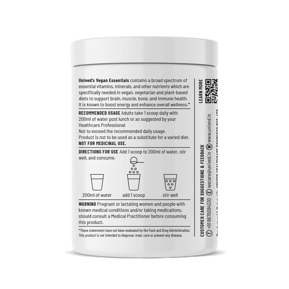 Zephivo Unived Vegan Essentials | Formulated for those on a Plant-Based diet | Adequately dosed Key Vitamins, Minerals, Supergreens, and Amino Acids | 30 Servings
