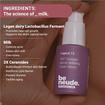 Be Neude Legend 13 Super Face Serum 30ml with 3x Ceramides, Lactobacillus Ferment, Alpha Arbutin, Rice Water, 13 Multiactives for Barrier Building Re-texturing & Hydration, pH 5.5, for All Skin Types