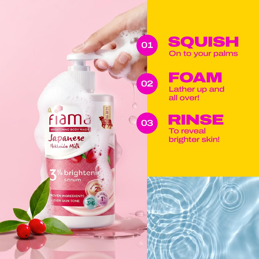 Fiama 3% Brightening Serum Body Wash 250ml | 2% Niacinamide, 1% Glycolic Acid, Omega 3 & 6 Fatty Acids Shower Gel, Fights Dullness & Evens Skin tone | Exotic Japanese Hokkaido Milk, Raspberry Smoothie Fragrance
