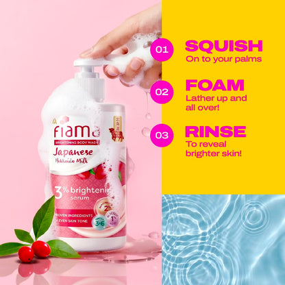 Fiama 3% Brightening Serum Body Wash 250ml | 2% Niacinamide, 1% Glycolic Acid, Omega 3 & 6 Fatty Acids Shower Gel, Fights Dullness & Evens Skin tone | Exotic Japanese Hokkaido Milk, Raspberry Smoothie Fragrance
