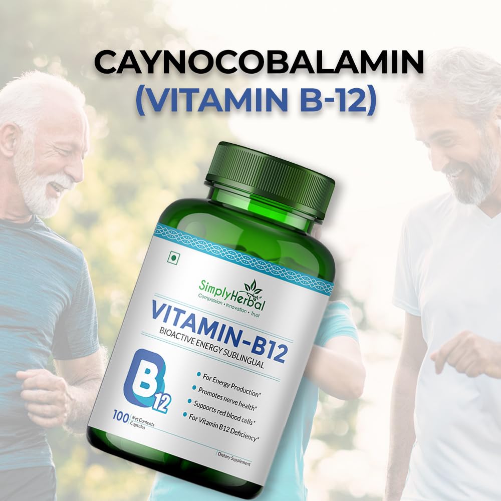 Simply Herbal Vitamin B12 Cyanocobalamin, Produce Red Blood Cells, Maintain Good Health, Boost Energy, Heart Health, Plant Based Supplements - 100 Capsules