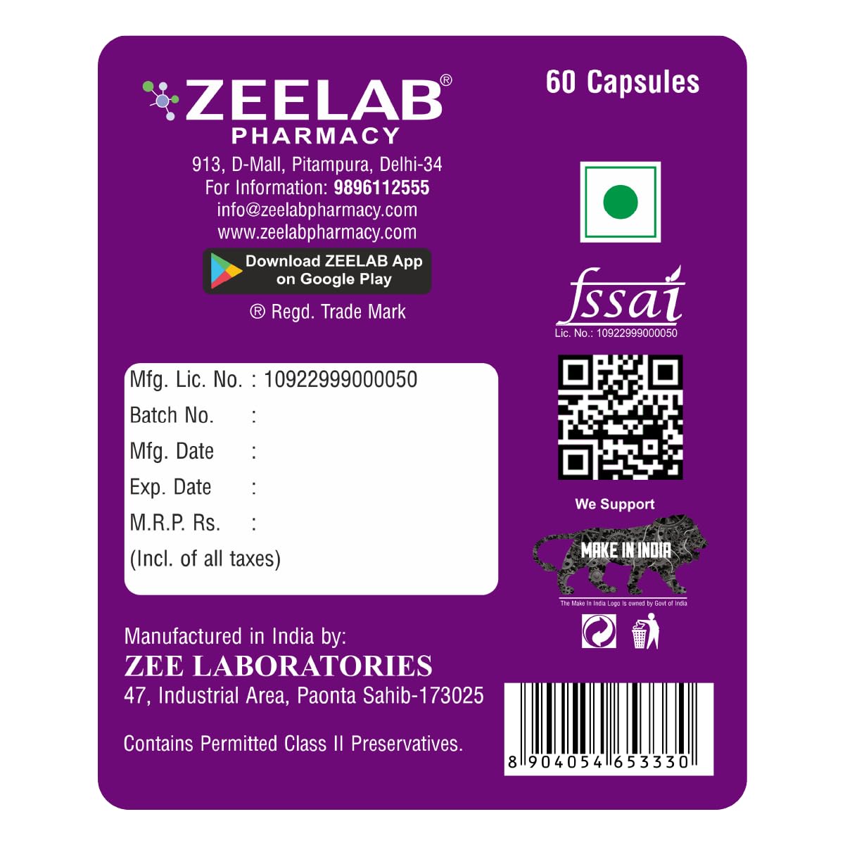 Zeelab Pharmacy label on a purple background with text and logos.