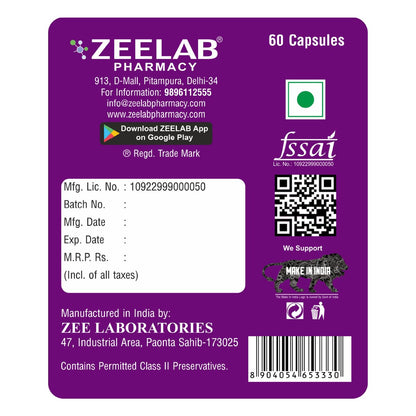 Zeelab Pharmacy label on a purple background with text and logos.