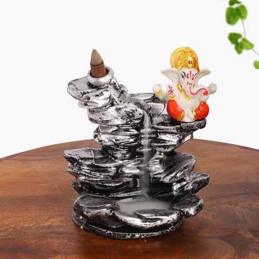 Multicolor Ganesha Idol Statue with 8 Incense Smoke Backflow Fountain Cone Incense Holder | for Return Gift, Table, Home Decorative Showpiece Item
