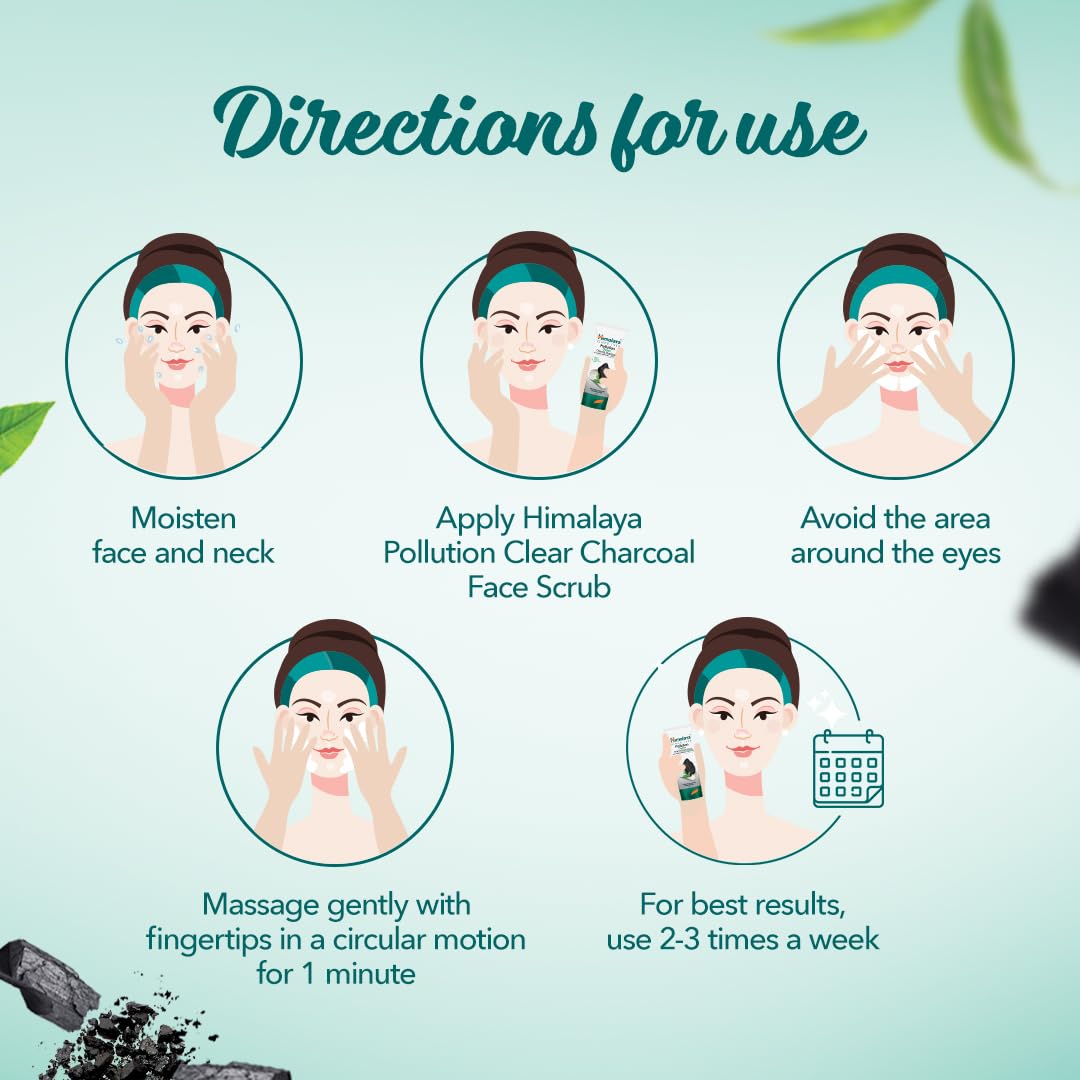 Instructions for using Himalaya Pollution Clear Charcoal Face Scrub on a green background