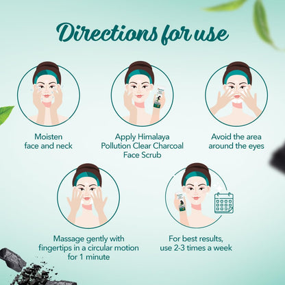 Instructions for using Himalaya Pollution Clear Charcoal Face Scrub on a green background