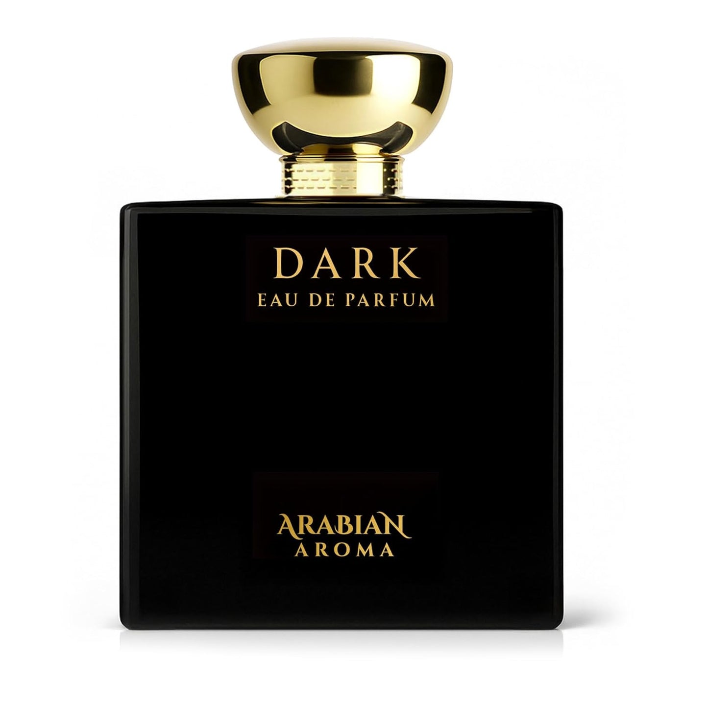 Black and gold perfume bottle labeled 'Dark Eau de Parfum Arabian Aroma' on a white background