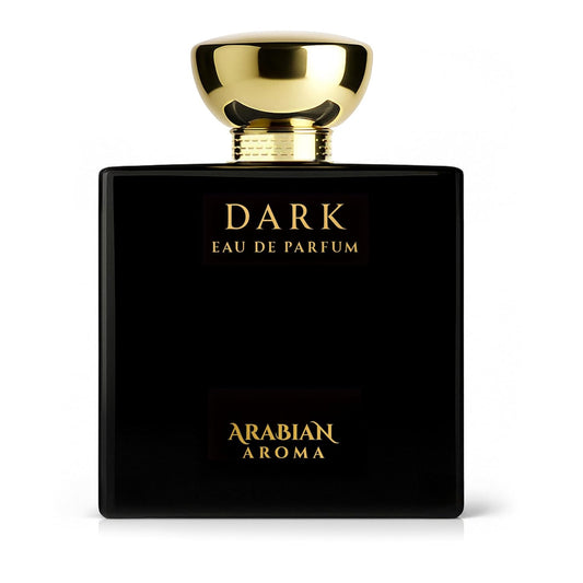 Black and gold perfume bottle labeled 'Dark Eau de Parfum Arabian Aroma' on a white background