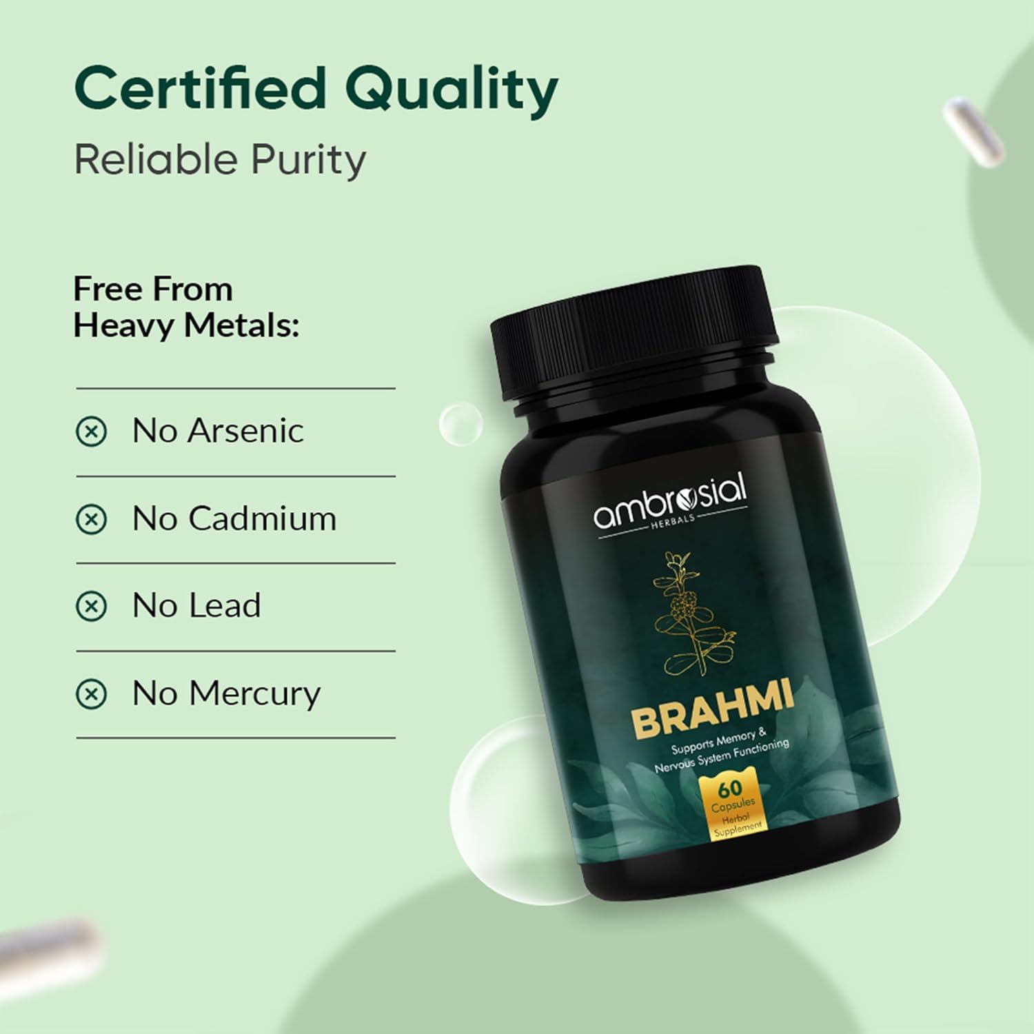 Ambrosial Brahmi supplement bottle with certification details on a light green background