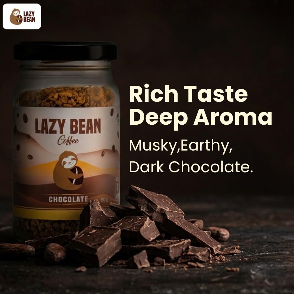 Lazy Bean Intense Chocolate Flavoured - Premium Instant Coffee Powder 50 g | Strong Black Coffee, Rich Aroma, Quick-Dissolving Granules | Ready in Seconds for Hot or Iced Brews at Home, Office, Travel