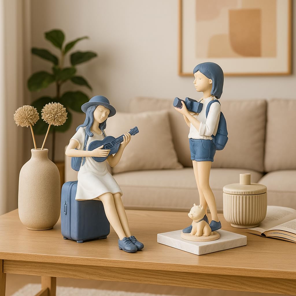 Cute and Elegant Girls Statue for Home Decor | Table Decor (Pack of 2, White & Blue)