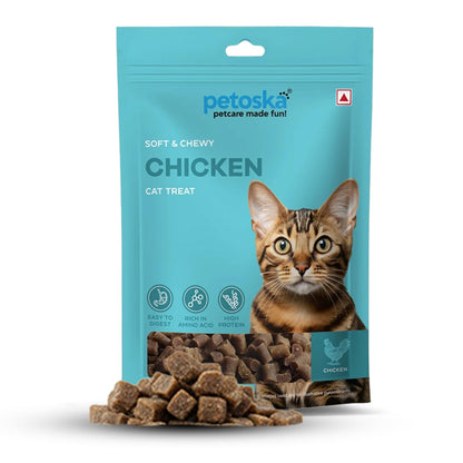 Petoska Chicken Cat Treats –100g | Air-Dried Real Chicken Bites with Taurine & Omega-3 | Chewy High-Protein Snack to Support Immunity, Weight Control & Overall Wellbeing | Kittens & Adult Cats