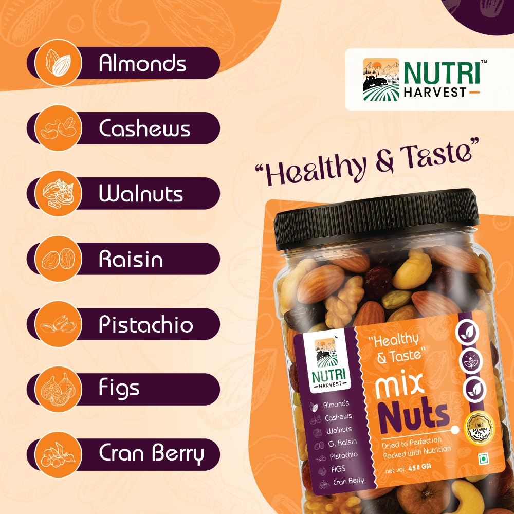 NUTRI HARVEST Premium Mixed Nuts and Dried Fruits 450g,| Almonds, Cashews, Walnuts, Pistachios, Figs, Raisins, Cran berry| Fit for fasting| Resealable jar for freshness